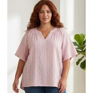 Wonderly Linen Blend Tunic 1X Plus Pink Stripe V-Neck Lightweight Top Summer